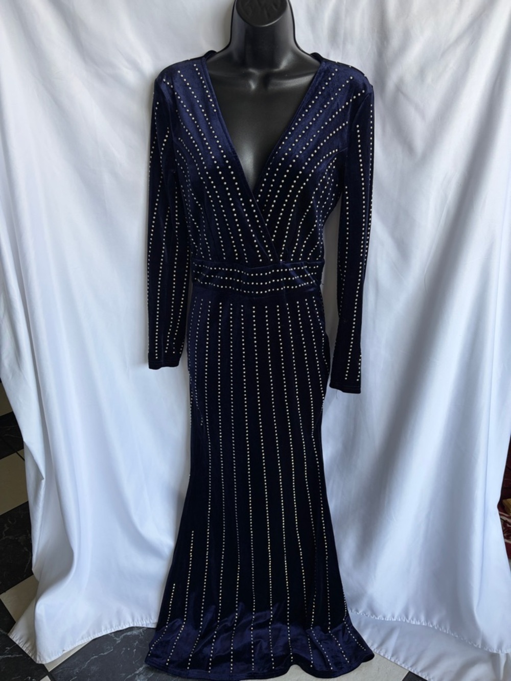 Windsor Navy Stretch Velvet Embellished Maxi Dress, Mermaid, silver studs